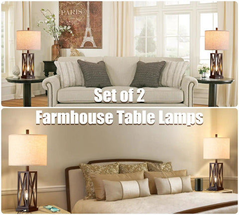 Set Of 2 Modern Bedside Lamps With Rustic Touch Control 3 Way Dimmable Lower Light And Dual USB Ports in living room setting
