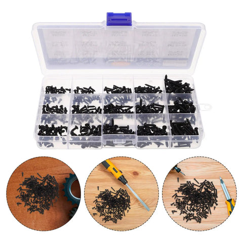 Self Tapping Screws Assortment Kit, 450pc Set With Cross Round Head, Carbon Steel, weather resistant black coating in storage box