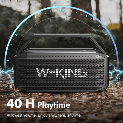 Beast Bluetooth Speaker for Outdoors 100W Peak Power IPX6 Waterproof Boombox shown in a forest setting with handle
