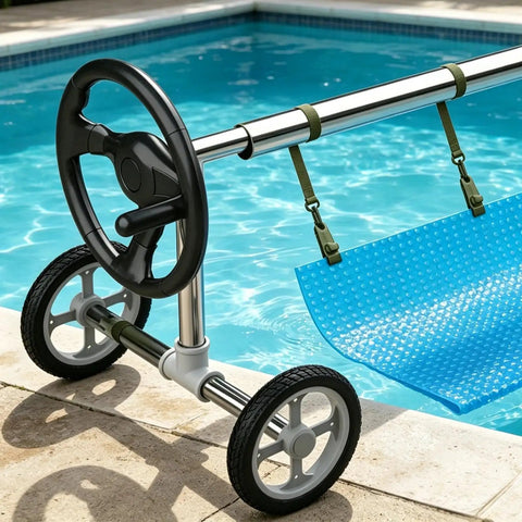Rock Solid Eight Piece Pool Cover Reel Mounting Kit With Heavy Duty Army Green Straps and Slick Clips for Solar Covers shown on mobile roller.