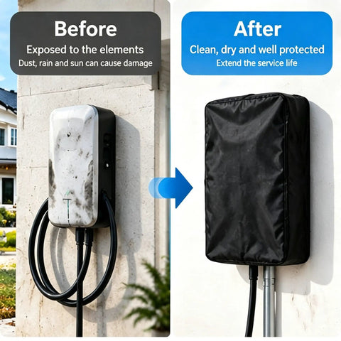 Rock Solid Waterproof EV Charger Cover Made From Heavy Duty Oxford Fabric Weather Resistant Dust Proof Guard For Hardwired Units on an EV charger.