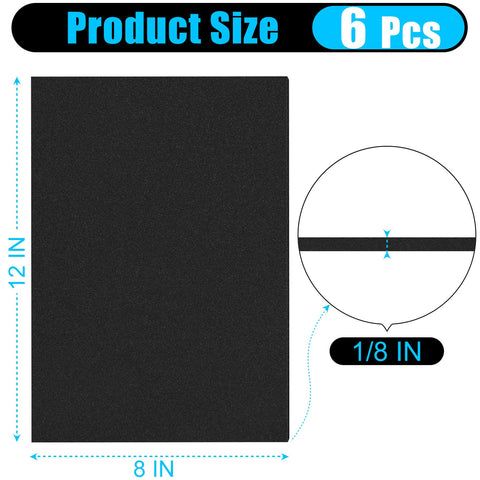 Six Pack Self Stick Adhesive Foam Padding Sheets Closed Cell Neoprene Foam Insulation One Eighth Inch Thick Twelve By Eight Inches Anti Vibration Pads And Anti Slip For Furniture Cars Speakers DIY showing product size 12x8 inches, 1/8 inch thick, 6 pieces.