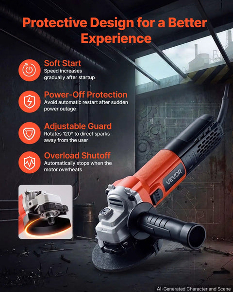 Badass Hustle Ready 4.5 Inch Angle Grinder 1400W High Amp Electric Motor With Variable Speed Trigger showing protective design features.