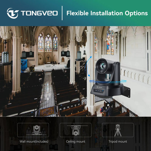 Crystal Clear 4K AI PTZ Camera mounted in church with auto tracking, 20X optical zoom, HDMI USB3 LAN PoE ready