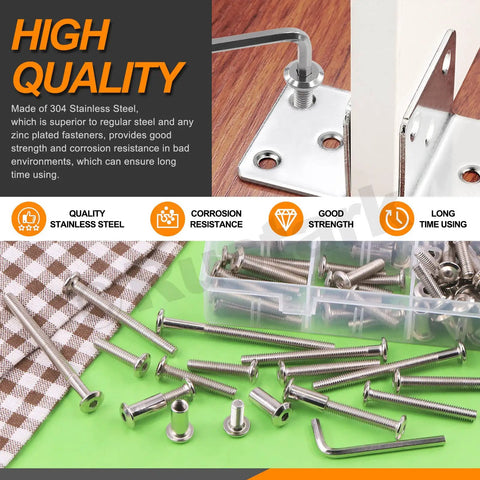 Kickass M6 Connector Bolt And Cap Nut Assortment Kit For Furniture Joints And Desk Assembly Includes Rock Solid Hex Socket Screws and 304 stainless steel bolts with a wrench.