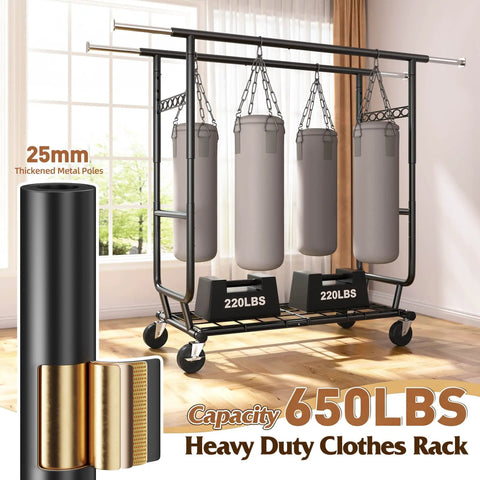 Rock Solid Heavy Duty Clothing Rack Featuring Double Hanging Rods And Commercial Grade Stainless Construction Built Tough For Master Bedroom Or Boutique Display Rooms, showcasing thickened metal poles and heavy-duty design.