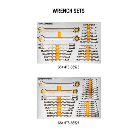 Wrench sets from 1024 Piece Master Mechanics Tool Set With Premium Modular Foam Trays And GSX Mobile Tool Storage Built For Pros And Serious DIYers Includes Drive Tools Sockets Ratchets Wrenches Pliers Screwdrivers Bolt Biter Extractors displayed in foam trays.