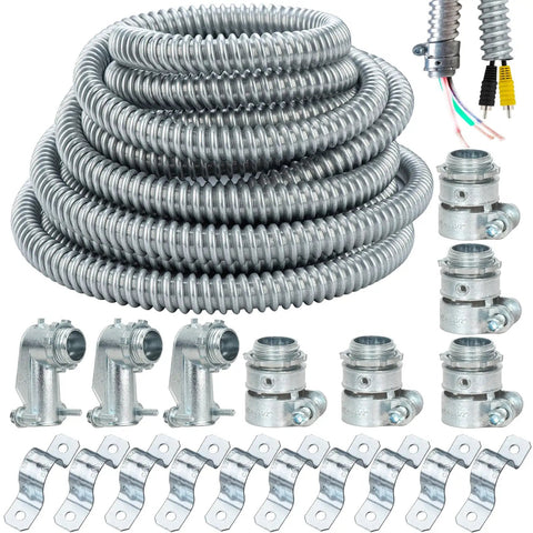 Half Inch Flexible Steel Electrical Conduit Kit With Five Couplings Three Elbows And Ten Straps 50 Foot Length For DIY Wiring Projects Rugged Indoor Outdoor Home Improvement, coiled and parts shown.