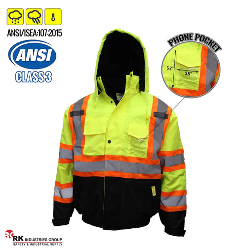 Hi Vis Bomber Workwear Jacket For Outdoorsmen, ANSI Class 3 High Visibility Neon Lime Waterproof With 2 Inch Reflective Taping, Size Large