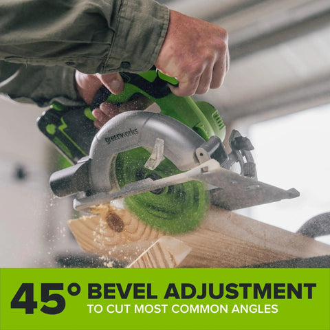 Heavy Duty Brushless Cordless Circular Saw Tool Only Featuring Snappy 24 Volt Battery Power And Knockout Demolition Cutting With Easy Lock Bevel Adjustment For Dependable High Speed Performance cutting wood at a 45° angle.