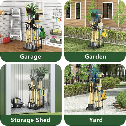 Heavy Duty Garden Tool Storage Rack With Wheels And Hooks Metal Organizer Stand for Garage, Garden, Shed, and Yard