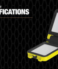 30W Rechargeable Folding Work Light Yellow Battery Powered LED With 180 Degree Fold IP65 Outdoor Rated Up To 8 Hours Run Time Three Modes For Indoor And Outdoor Jobs displayed open with measurement specifications on the side