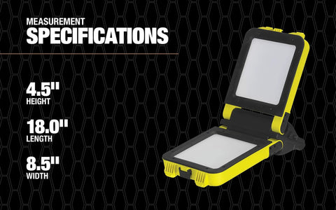 30W Rechargeable Folding Work Light Yellow Battery Powered LED With 180 Degree Fold IP65 Outdoor Rated Up To 8 Hours Run Time Three Modes For Indoor And Outdoor Jobs displayed open with measurement specifications on the side