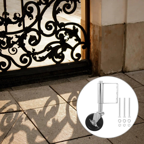 Rock Solid Spring Loaded Gate Wheel Caster showing cold rolled steel construction and bracket kit for yard gates.