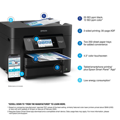 WorkForce Pro WF 4830 Wireless All In One Printer No Fuss Auto Duplex Printing With Copy Scan Fax 50 Page ADF 500 Sheet Tray 4.3 Inch Color Touchscreen Alexa Compatible Black