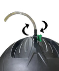 Close-up of Ms Tumbles 35 Gallon Compost Tumbler With Easy Turn System, showing drain hose with cut off valve on black and green lid.