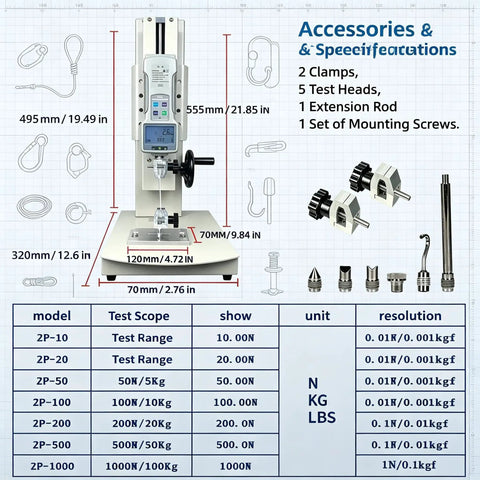 Wheel Operated Push Pull Force Gauge Test Stand with accessories and specifications displayed for wire rope testing.