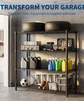 Rock Solid 4 Tier Heavy Duty Metal Shelving Unit Commercial Wire Storage Rack filled with tools and supplies in garage