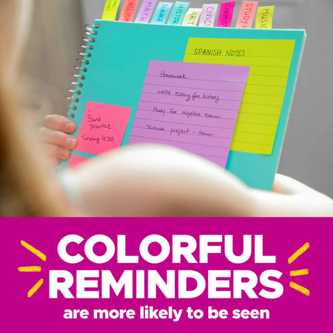 Super Sticky Notes 3 By 3 Inches Supernova Neons 24 Pack on a notebook with colorful reminders for homework and practice.