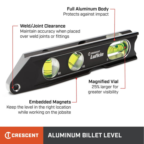 Lufkin Aluminum Billet Level With Large Main Vial, full aluminum body and rare earth magnets for strong hold, with pitch lines visible.