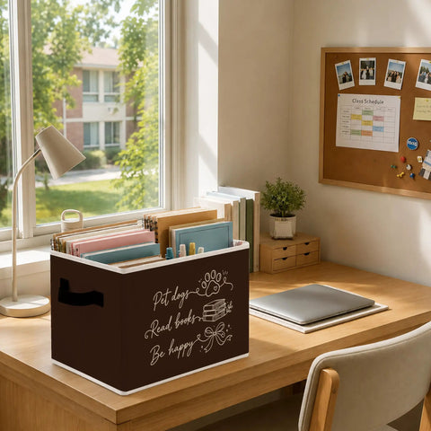 Hella Spacious Foldable Storage Bins With Heavy Duty Handles For Multipurpose Collapsible Home Organization Closets And Kids Or Pet Gear Organizers That Keep Things Fresh on a desk with files and a lamp.