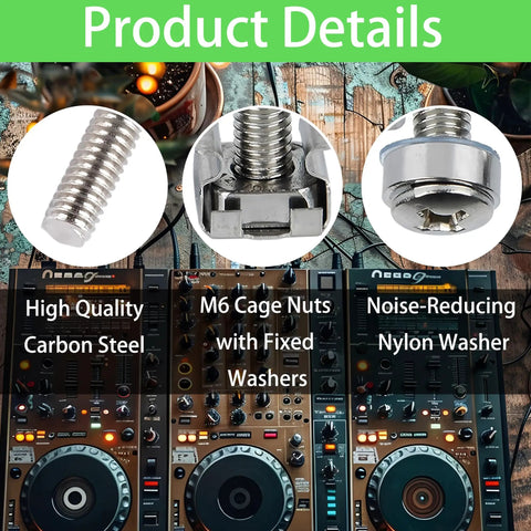 Heavy Duty M6 X 16 Millimeter Rack Mount Hardware Kit Including Square Cage Nuts Strong Screws And Nylon Lock Washers For Server Cabinets And Network Racks Gets You Back Online Fast close-up of M6 cage nut, nylon washer, and rack screws on DJ equipment.