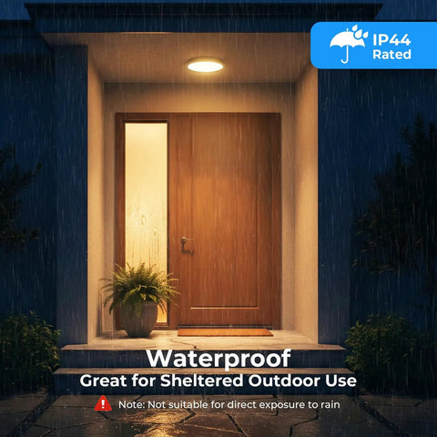 TopShelf Led Flood Light Bulbs Outdoor Dimmable 3000k Soft White illuminating front door under shelter, rated IP44 waterproof.