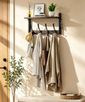 Top Notch Wall Mount Wood Coat Rack Sweet Space Saving Shelf Display Hook System Features Four Triple Prong Bars Plus Side Holders For Coats Jackets Hats Bags And Keys In Warm Brown Finish with multiple items hanging.