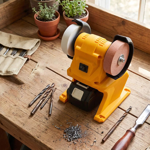 Slick Cordless Mini Bench Grinder With 70mm Wheel And 5500 RPM For Quick Sharpening And Polishing Jobs Around The Shop No Wire Hassle Just Drop Your 18V Pack And Roll on a wooden workbench with tools.