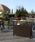 Outdoor Wood Grill Prep Table With Stainless Steel Top Waterproof Cover Dark Brown Finish Solid Wood Construction On Deck