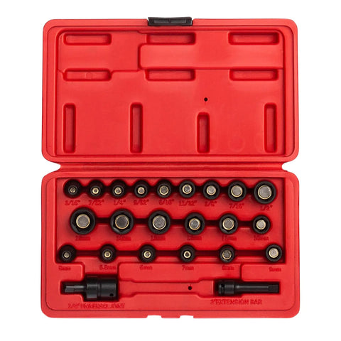 Magnetic Impact Socket Set For One Quarter Inch Drive And Metric 23 Piece Chrome Moly Steel with case open showing sockets