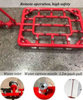 Top Shelf Vehicle Chassis Cooler For Electric Rides With Slick Multi Spray Nozzles To Smash Lithium Battery Fires And Keep High Voltage Packs Chill Plus DN65 Quick Attach Hydrant Hookup For Solid Ev Firefighting Backup, red water nozzle with push-pull rod.