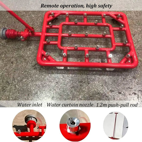 Heavy Duty Water Fire Suppression Rig For Modern Electric Rides Spits Steady Mist Directly Underneath The Pack To Chill Lithium Cells Dead Simple Setup, red metal frame with water nozzles and push-pull rod.
