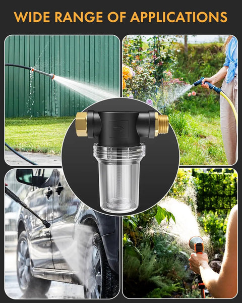 Inline Garden Hose Filter Attachment With One Hundred Mesh And Forty Mesh Screens Includes Two O Rings Three Quarters Inch Inlet Adapter; usage in garden, car wash, and RV camping scenes.
