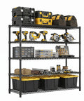 Tough As Nails Rock Solid Heavy Duty Metal Storage Rack Five Tier Wire Shelf With Rust Resistant Carbon Steel Construction For Garage And Warehouse Shelving Unit Holding Up To Three Thousand Two Hundred Pounds filled with tools and storage boxes.