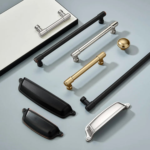 Various kitchen cabinet hardware including 10 Pack 3 Inch Antique Brass Cup Pulls With Aged Gold Finish for cabinets and drawers.