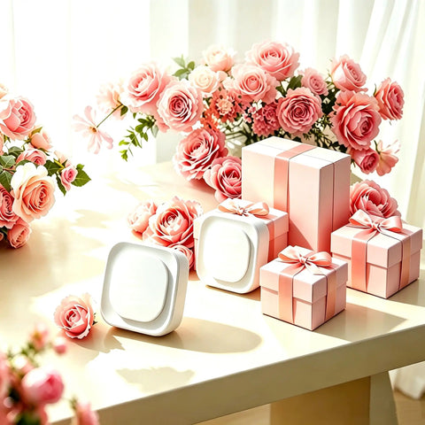 Two Pack Plug In Dimmable Night Light With Auto Dusk To Dawn Sensor Blue LED Night Light on table with pink roses and gifts