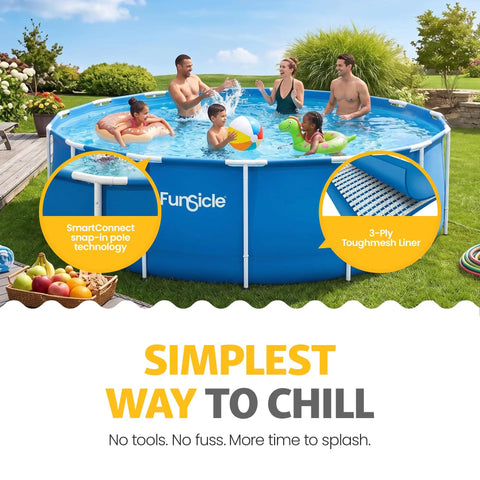 Top Tier 15 Foot Round Above Ground Pool Featuring Lightning Fast Snap Lock Assembly Durable Steel Supports And Smooth Inner Sleeve with family enjoying summer.
