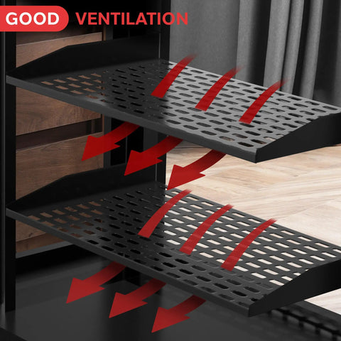 Heavy Duty 19 Inch 1U Server Shelf With Vented Cantilever Wall Rack Mount Built Like A Tank For Network Switches Routers Plug And Play Universal Rack Tray Black with slatted design for airflow.