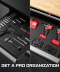 Drawer with organized tools and socket sets using Precision Foam Cutting Kit For Custom Shadow Foam Organizers With Heavy Duty Utility Blades.