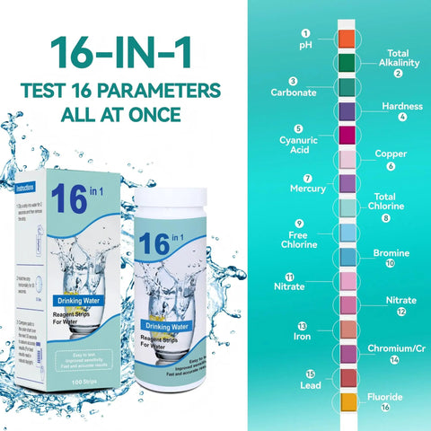 Big Time 16 In 1 Drinking Water Testing Kit With 100 Rapid Test Strips showing water test parameters and container design.