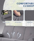Outdoor Three Seat Porch Swing With Canopy And Stand Convertible 2 In 1 Bed Cup Holder Pillow Cushions Grey Patio Swing For Garden Or Yard Sturdy Steel Frame For Easy Relaxing showing comfort features like soft padding and breathable fabric.