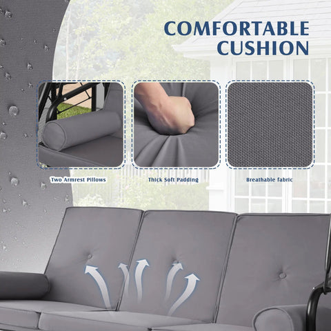Outdoor Three Seat Porch Swing With Canopy And Stand Convertible 2 In 1 Bed Cup Holder Pillow Cushions Grey Patio Swing For Garden Or Yard Sturdy Steel Frame For Easy Relaxing showing comfort features like soft padding and breathable fabric.