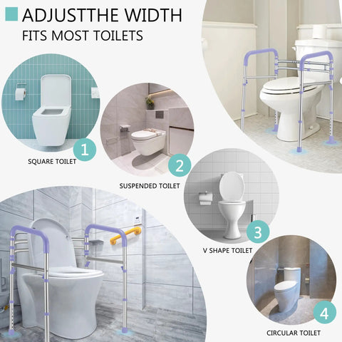 Heavy Duty Toilet Safety Rails 350 Lbs Adjustable Bathroom Grab Bar for various toilet shapes including square and circular.