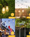 100Ft Outdoor String Lights With 52 Shatterproof Edison Bulbs, 2700K Dimmable Warm White, demonstrating waterproof and weatherproof features.