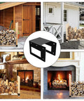 Collage of 4 Pack Firewood Storage Rack Brackets For Indoor Outdoor Use with fireplaces and fire pits, customizable with 2x4s.