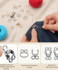Heavy Duty Hook And Eye Sewing Kit with assorted zinc alloy closures, showcasing closures and threading on denim fabric.