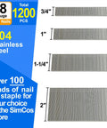 Professional 18 Gauge 304 Stainless Steel Brad Nails 3/4 To 2 Inch Hella Durable Fasteners, 1200 piece set with various lengths displayed.