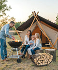 24 Inch Indoor Firewood Rack With Carrier near tent campsite, thickened metal rustproof wood storage rack filled with logs, family camping