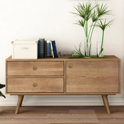 Wooden dresser with Antique Brass Cabinet Knobs Set, 6 Pack, showcasing sturdy hardware in a stylish home interior.